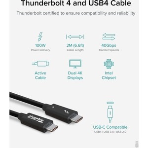 Plugable Thunderbolt 4 Cable [Thunderbolt Certified] - 2M/6.6ft, 100W Charging, Single 8K or Dual 4K Displays, 40Gbps Data