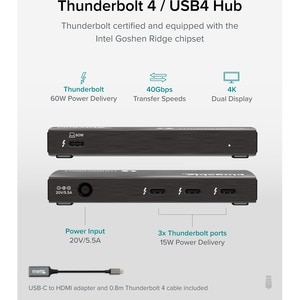 Plugable 4-Port Thunderbolt 4 Hub, Connect & Charge on Each Downstream TBT4 / USB4 Port - Add Single 8K / Dual 4K Displays
