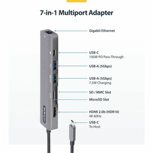 StarTech.com Adaptateur Multiport USB-C - USB-C vers HDMI 2.0 4K 60Hz, Alim. 100W Passthrough, SD/MicroSD, Hub 2 Ports USB