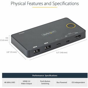 StarTech.com 2 Port Hybrid USB-A + HDMI & USB-C KVM Switch, Single 4K 60Hz HDMI 2.0 Monitor, Compact Desktop and/or Laptop