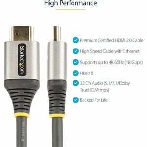 StarTech.com 6ft (2m) Premium Certified HDMI 2.0 Cable, High Speed Ultra HD 4K 60Hz HDMI Cable with Ethernet, HDR10, UHD H