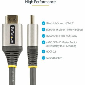 StarTech.com 6ft/2m HDMI 2.1 Cable, Certified Ultra High Speed HDMI Cable 48Gbps, 8K 60Hz/4K 120Hz HDR10+, 8K HDMI Cable, 