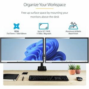 StarTech.com Desk Mount Dual Monitor Arm, Height Adjustable Monitor Mount for 2x VESA Displays up to 32" (17.6lb/8kg), Mec