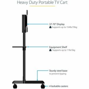 StarTech.com Mobile TV Cart, Portable Rolling TV Stand, 37-70 inch VESA Display Mount (154lb/70kg), Shelf & Storage, Rotat