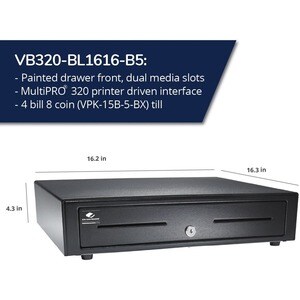 apg Genesis 1616 Cash Drawer - 4 Bill - 8 Coin - 2 Media Slot - Aço inoxidável, Plástico - Preto - 109.2 mm Altura x 411.5
