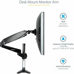 StarTech.com Desk Mount Monitor Arm for Single VESA Display 49"(17.6lb/8kg), Full Motion Articulating & Height Adjustable,