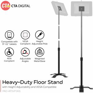CTA Digital VESA-Compatible, Height-Adjustable Floor Stand - Up to 11" Screen Support - 55" Height - Steel, Metal