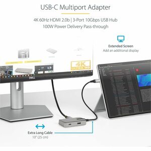 StarTech.com Adaptateur Multiport USB-C - Mini Dock USB Type-C vers 4K 60Hz HDMI 2.0 - 100W PD Pass-trough - Hub 3 ports U