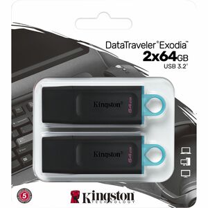 Kingston DataTraveler Exodia 64GB USB 3.2 (Gen 1) Flash Drive - 64 GB - USB 3.2 (Gen 1) - Black, Teal - 5 Year Warranty - 