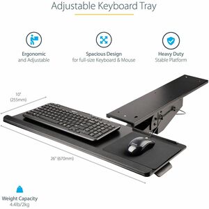StarTech.com KBTRAYADJ2. Produktfarbe: Schwarz, Maximum weight per keyboard tray: 2000 kg, Frame material: Stahl. Breite: 