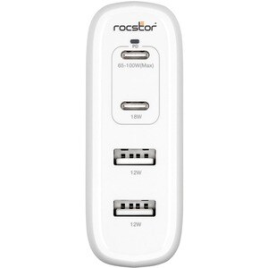 Rocstor 100W 4-Port Smart USB-C Power AC Adapter Charger - 2x USB-C & 2x USB Type-A Output - Simultaneously charge multipl