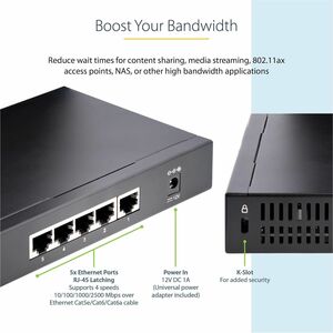 StarTech.com Unmanaged 2.5G Switch, 5 Port 2.5GBASE-T Unmanaged Ethernet Switch, Din Rail | Wall Mount, Multi-Gigabit, Aut