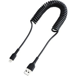 StarTech.com 1m (3ft) USB to Lightning Cable, MFi Certified, Coiled iPhone Charger Cable, Black, Durable TPE Jacket Aramid