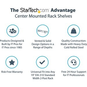 StarTech.com 2U Vented Server Rack Shelf - Center Mount Fixed 14" Deep Cantilever Rackmount Tray for 19" Data/AV/Network w