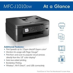 Brother MFC-J1010DW Wireless Inkjet Multifunction Printer - Colour - Copier/Fax/Printer/Scanner - 17 ppm Mono/9.5 ppm Colo