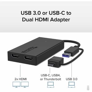 Plugable HDMI/USB/USB-C Audio/Video Adapter - 1 x USB 3.0 Type A - Male, 1 x USB 3.0 Type C - Male - 2 x HDMI Digital Audi