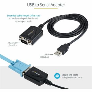 StarTech.com 3ft (1m) USB to Serial Cable with COM Port Retention, DB9 Male RS232 to USB Converter, USB to Serial Adapter,