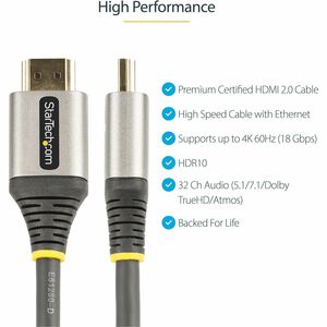 StarTech.com 10ft 3m Premium Certified HDMI 2.0 Cable, High Speed Ultra HD 4K 60Hz HDMI Cable with Ethernet, HDR10, UHD HD