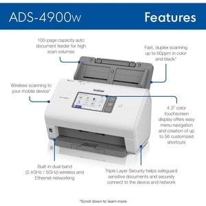 Brother ADS-4900W Sheetfed Scanner - 600 x 600 dpi Optical - 48-bit Color - 60 ppm (Mono) - 60 ppm (Color) - Duplex Scanni