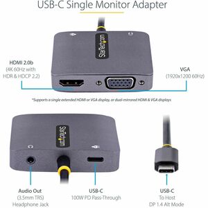 StarTech.com USB C Video Adapter, USB C to HDMI VGA Multiport Adapter, 3.5mm Audio, 4K 60Hz HDR, 100W PD 3.0 PT, USB C Dis