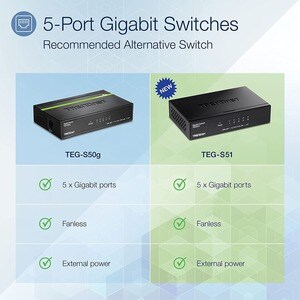 TRENDnet 5-Port Gigabit Desktop Switch, TEG-S51, 5 x Gigabit RJ-45 Ports, 10Gbps Switching Capacity, Fanless Design, Metal