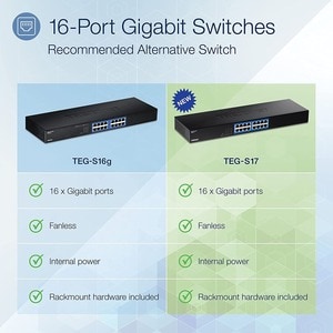 TRENDnet 16-Port Gigabit Switch, TEG-S17, 16 x Gigabit RJ-45 Ports, 32Gbps Switching Capacity, Fanless Design, Metal Enclo