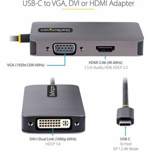 StarTech.com USB C Video Adapter, USB C to HDMI DVI VGA Adapter, 4K 60Hz, Aluminum, Video Display Adapter, USB Type C Trav