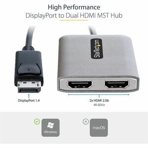 StarTech.com DP to Dual HDMI MST HUB, Dual HDMI 4K 60Hz, 2 Port DisplayPort Multi Monitor Adapter with 1ft/30cm Cable, DP 