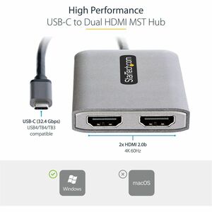 StarTech.com Adaptador USB-C a HDMI Doble - Hub MST USB Tipo C - Divisor Splitter HDMI 4K 60Hz - HDR - Solo Windows - 3840