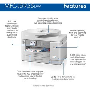 Brother Workhorse MFC-J5955DW Wireless Inkjet Multifunction Printer - Color - Copier/Fax/Printer/Scanner - 30 ppm Mono/30 