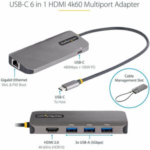 StarTech.com USB C Multiport Adapter, 4K 60Hz HDMI HDR10 Video, 3 Port 5Gbps USB 3.2 Hub, 100W PD PassThrough, GbE, Mini T