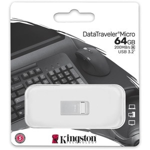 Kingston DataTraveler Micro USB Flash Drive - 64 GB - USB 3.2 (Gen 1) Type A - 200 MB/s Read Speed - Silver - 5 Year Warranty