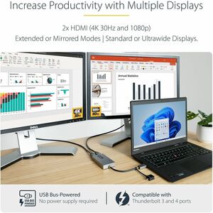 StarTech.com USB to Dual HDMI Adapter, USB A/C to 2x HDMI Displays (1x 4K30, 1x 1080p), USB 3.0 to HDMI Converter, 4in/11c