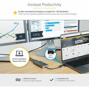 StarTech.com USB to Dual HDMI Adapter, USB A/C to 2x HDMI Displays (1x 4K30, 1x 1080p), USB 3.0 to HDMI Converter, 4in/11c