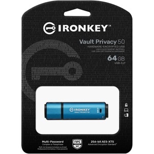 IronKey Vault Privacy 50 Series IKVP50 64 GB USB 3.2 (Gen 1) Type A Flash Drive - Blue - 256-bit AES - TAA Compliant - 250