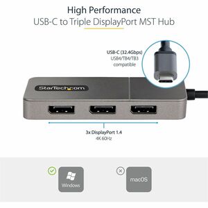 StarTech.com 3-Port USB-C Multi-Monitor Adapter, Type-C to 3x DisplayPort MST Hub, Triple 4K60Hz DP Display Extender / Spl