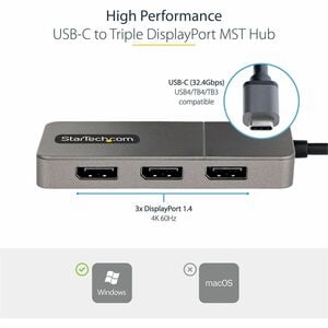 StarTech.com Adaptateur Multi-Moniteur USB-C 3 Ports, Hub USB-C vers 3x DP 1.4 MST, Splitter 4K 60Hz DP pour PC, HDR, Câbl