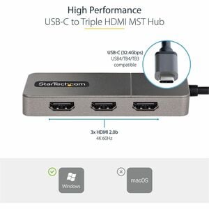 StarTech.com USB-C auf 3x HDMI MST Hub, Multi-Monitor Adapter/Splitter, 3x 4K 60Hz, HDR, nur Windows, kompatibel mit Thund