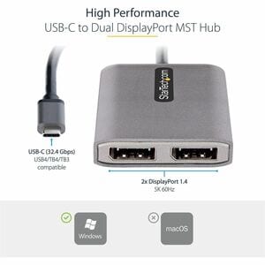 StarTech.com USB-C to Dual DisplayPort 1.4 Adapter, USB Type-C Multi-Monitor MST Hub, Dual 5K 60Hz DP Display Extender / S