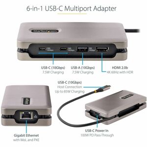 StarTech.com USB-C Multiport Adapter, 4K 60Hz HDMI (HDR), USB 3.2 Gen 2 10Gbps Hub (2xUSB-C/1xUSB-A), 100W PD Pass-Through