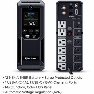 CyberPower CP1500AVRLCD3 Intelligent LCD UPS Systems - 1500VA/900W, 120 VAC, NEMA 5-15P, Mini-Tower, 12 Outlets, LCD, $500
