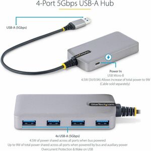 StarTech.com 4-Port USB Hub, USB 3.0 5Gbps, Bus Powered, USB-A to 4xA w/ Optional Auxiliary Power, Portable Laptop USB Hub