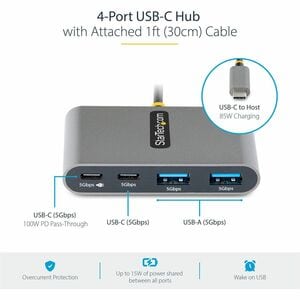 StarTech.com Hub USB-C à 4 Ports avec 100W PD Pass-Through - Mini Hub USB 3.0 vers USB-A - Splitter/Hub USB Type-C, Câble 