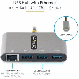 StarTech.com USB/Ethernet Combo Hub - USB 3.2 (Gen 1) Type C - Portable - 3 USB Port(s) - 1 Network (RJ-45) Port(s) - UASP