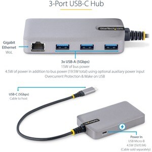 StarTech.com USB/Ethernet-Hub - USB 3.2 (Gen 1) Typ C - Tragbar - Grau - UASP-Support - 3 Total USB Port(s)1 Netzwerk (RJ-