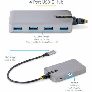 StarTech.com 5G4AB-USB-C-HUB. Hostschnittstelle: USB 3.2 Gen 1 (3.1 Gen 1) Type-C, Hub interfaces: Mikro-USB, USB 3.2 Gen 