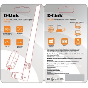 D-Link DWA-185 IEEE 802.11 a/b/g/n/ac Wi-Fi Adapter for Desktop Computer/Notebook - USB 3.0 - 1.14 Gbit/s - 2.40 GHz ISM -