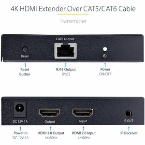 StarTech.com 4K HDMI Extender Over CAT5/CAT6 Cable, 4K 60Hz Video Extender Up to 230ft (70m), HDMI Over Ethernet Cabling, 