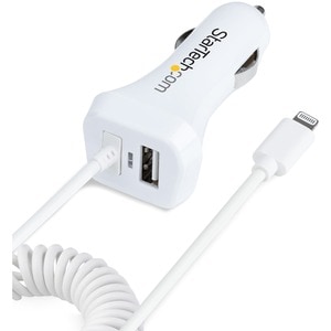 StarTech.com Lightning Car Charger with Coiled Cable, 1m Built-in Cable, 12W, White, 2 Port USB Car Charger Adapter, In Ca