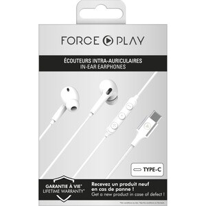 Bigben Force Play Wired Earbud Stereo Earset - White - Binaural - In-ear - 16 Ohm - 20 Hz to 20 kHz - 120 cm Cable - USB T